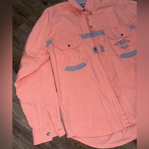 VTG 80’s/90’s Bugle Boy • Salmon Long Sleeve Spell Out Button Down - Picture 3 of 8